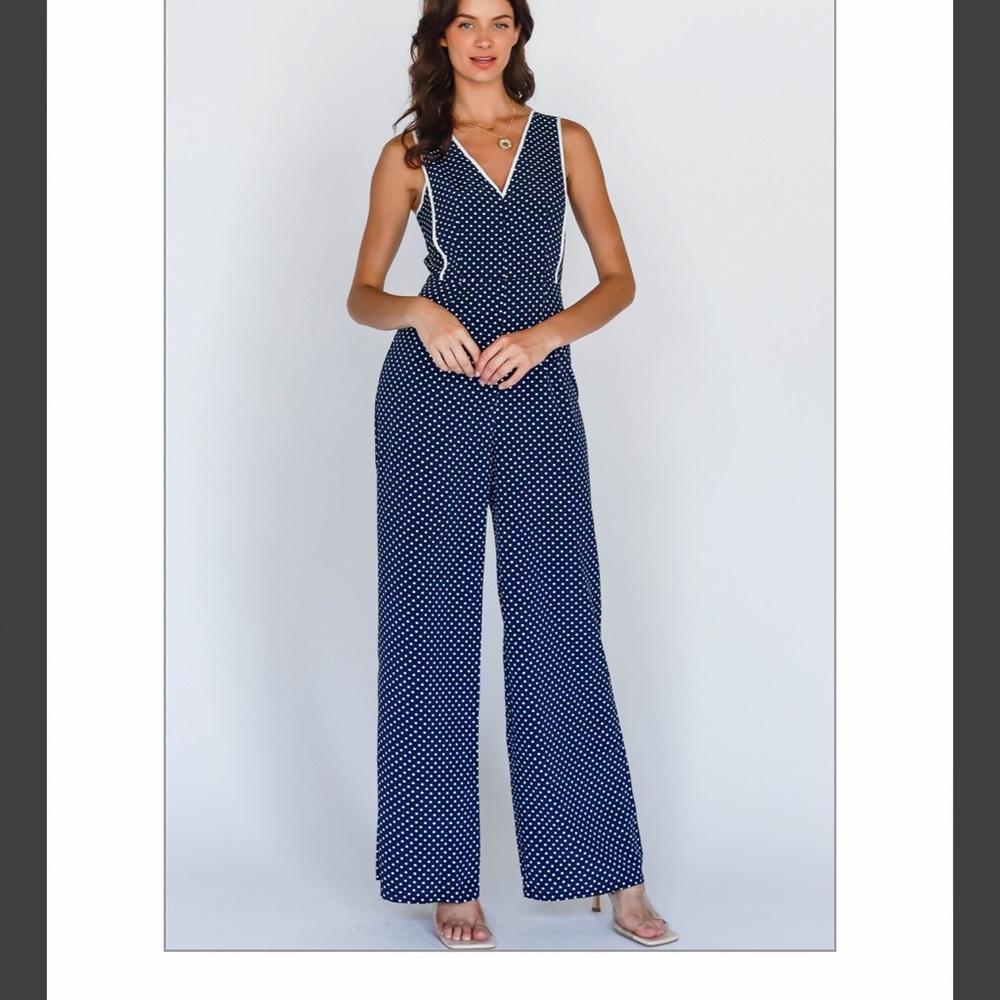 Navy & White Polka Dot V Neck Wide Leg Romper